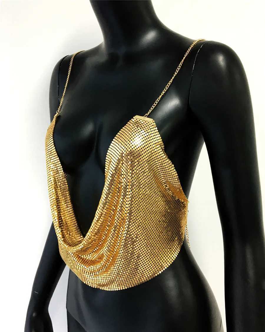 Fashion Metallic Sequins Party Tank Top Sexy Deep V Neck Backless Spaghetti Straps Sling Crop Top Rave Nightclub Camisole M250513
