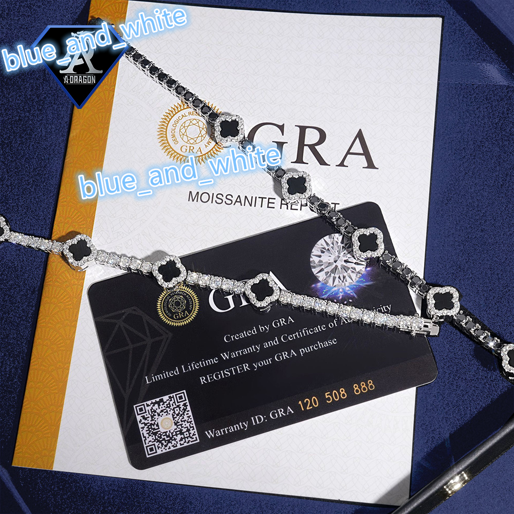 Designer jewelry 3mm BlackWhite Moissanite Four Leaf Clover Tennis Necklace with High Quality DiamondCut 925 Sterling Silver Chain for Women