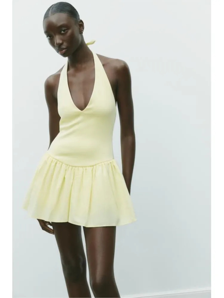 TRAF Halter Short Dress for Women Summer Sexy Backless Patchwork Pleated Womens Dresses Female Chic 250513