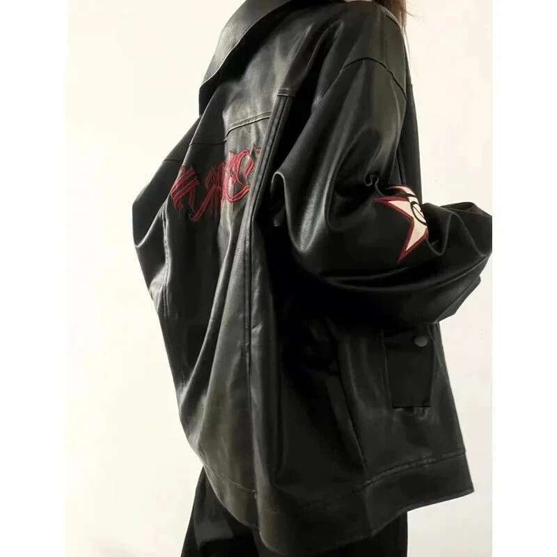 Unisex Star Print PU Leather Retro Jacket Turn Down Collar Zipper Streetwear Outwear Embroidered Oversized Gothic Coat for Women