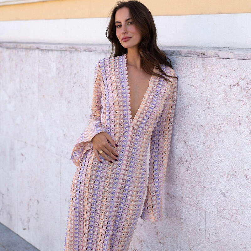 Women Clothes Dress Vacation Style Lace Beach With V Neck Hollowed Out Slit One Piece Design And A Sense Of Dress KQ