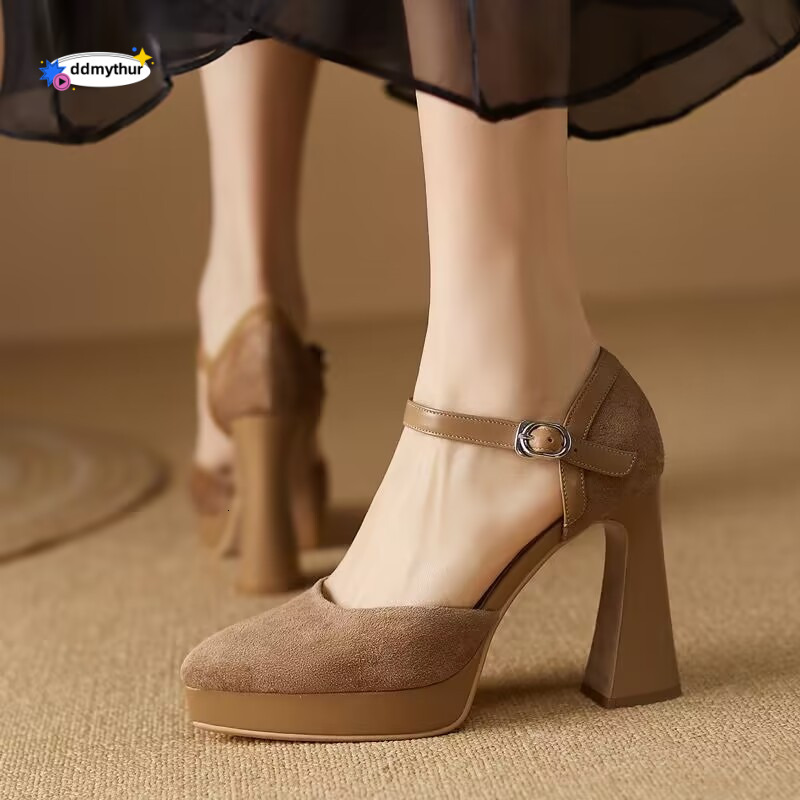 Temperament Coarse Heel Matte Soft Leather High Heels for Women 2023 Spring Waterproof Platform Thick Sole Pointed One Line with Shallow Mouth Single 