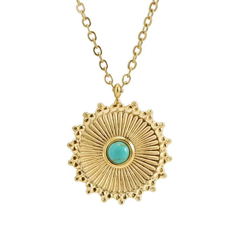 Fashionable light style stainless steel turquoise circular pendant necklace