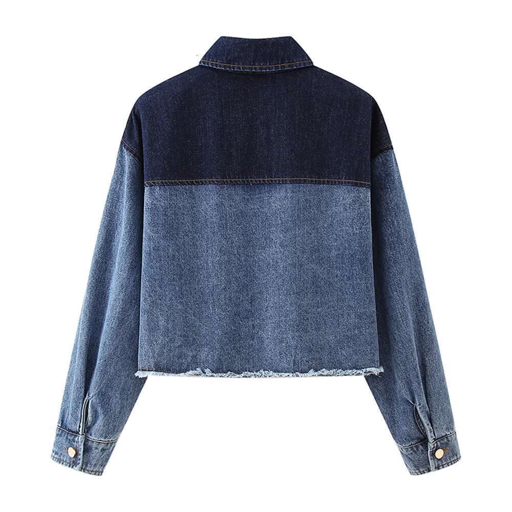 PB&ZA Autumn New Product Casual Women's Fashion Versatile Color Block Design Flip Collar Denim Short Coat Top