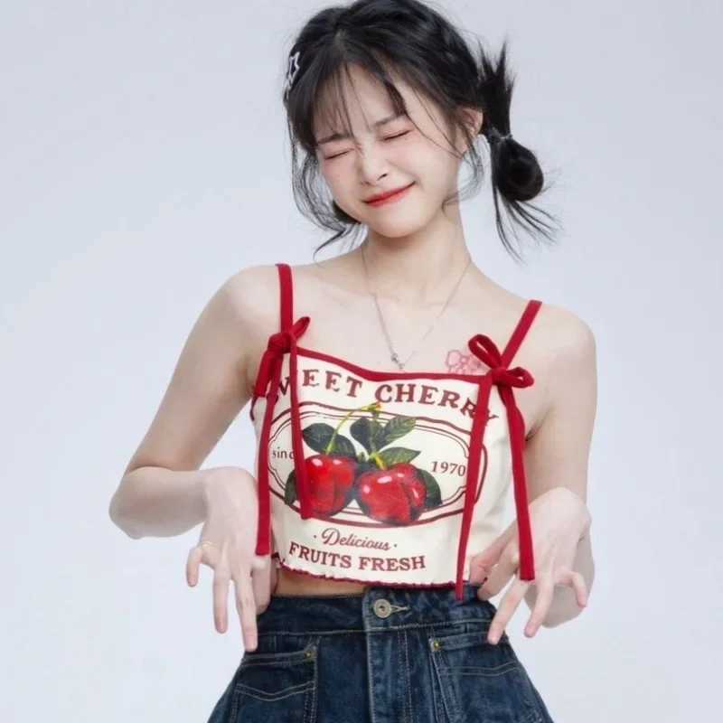 Hikigawa Chic Fashion Women Casual Japanese Sweet Cherry Print Slim Camisole Summer Bow Lace Up Thin Sxey Crop Y2k Tops Women M250513