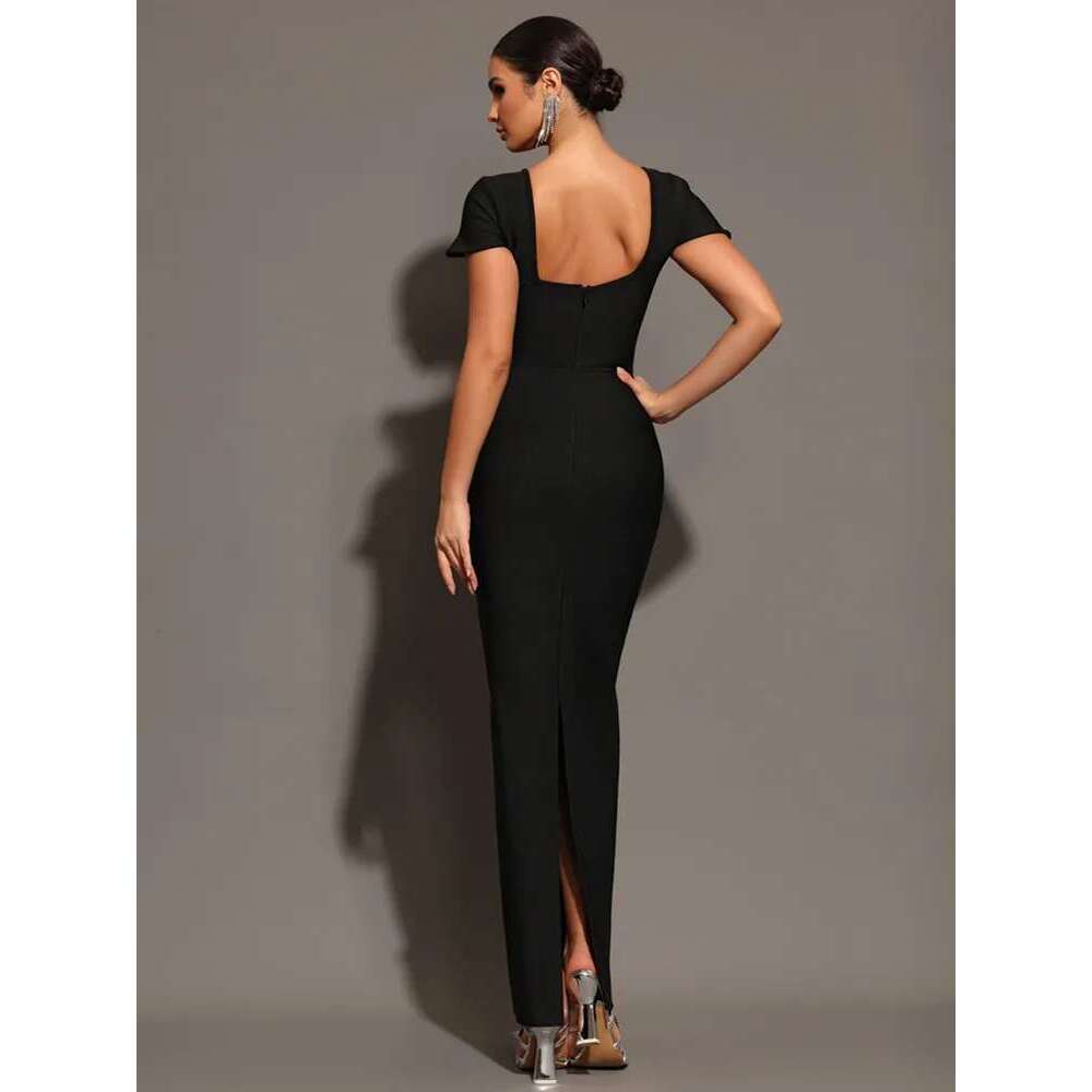 Women Celebrity Sexy Square Collar Black Red Blue Dias Maxi Long Bandage Dress 2025 Elegant Evening Club Party Outfit