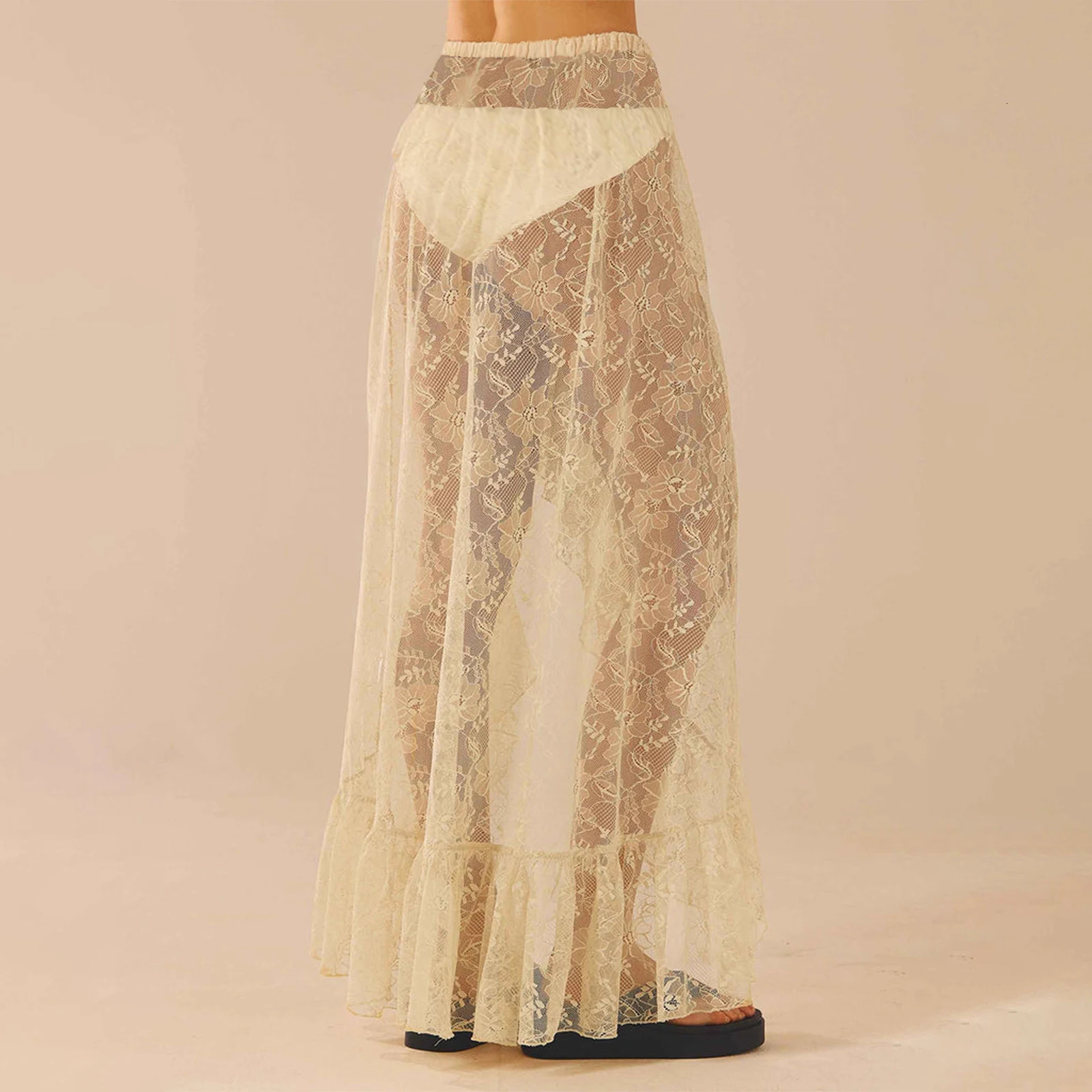Women Asymmetrical Lace Flowy Skirts Vintage Long High Waist Ruffle Midi Aesthetic Ladies See Through Elastic 250513