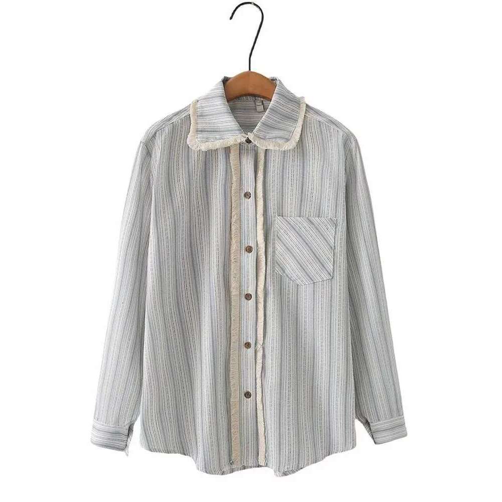 Plus Size Women's Clothing Spring Long-Sleeved Vertical Striped Cotton Linen Washed Shirt With Raw Edges And Tassels