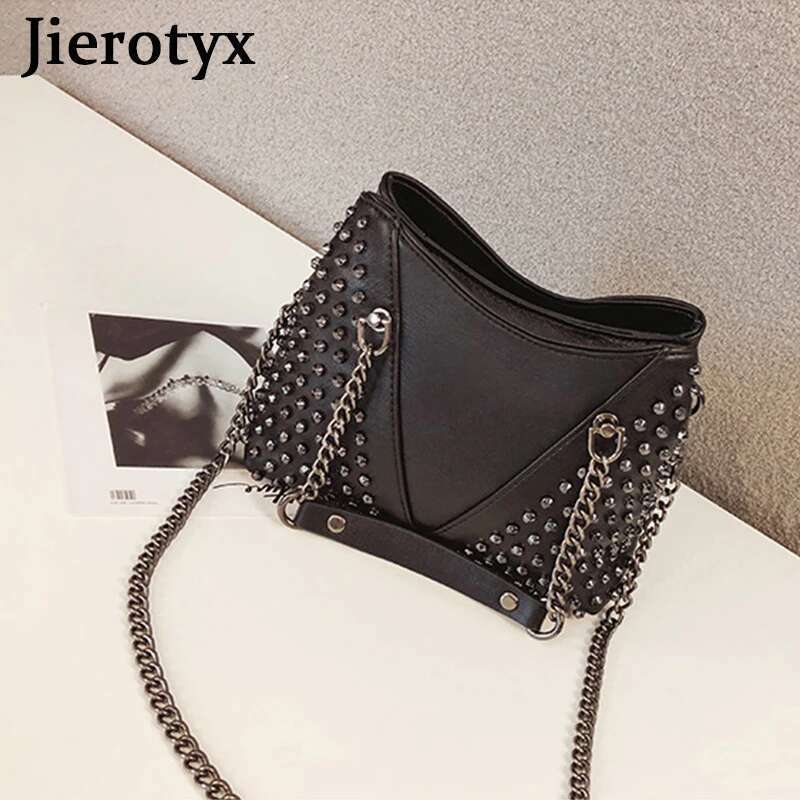 JIEROTYX Studded Shoulder Women Leather Punk Style Rock Rivet Crossbody Bag Handbag With Chain Wallet Purse For Girls