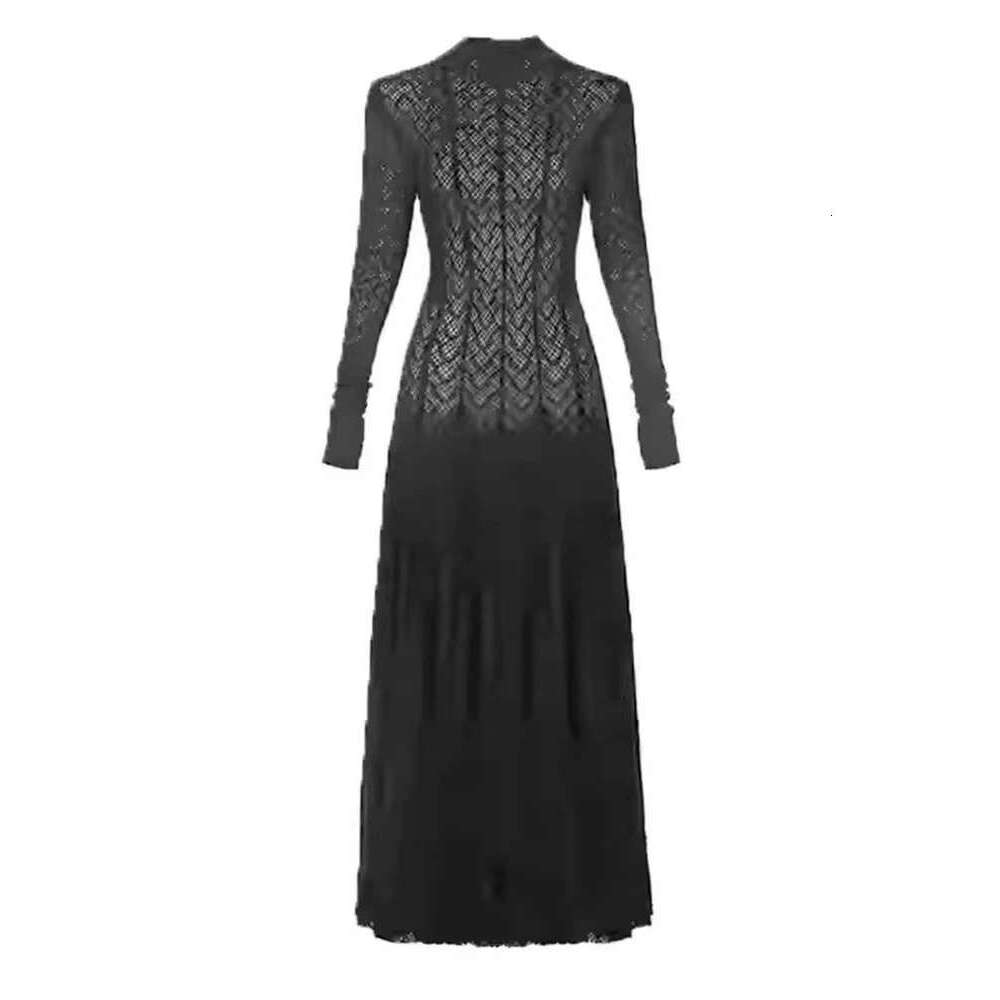 DEAT Elegant Dress Hollow Out Long Sleeve Pleated Knitted Slim Big Swing Women's Evening Party Dresses 2025 Spring New 7AB8070