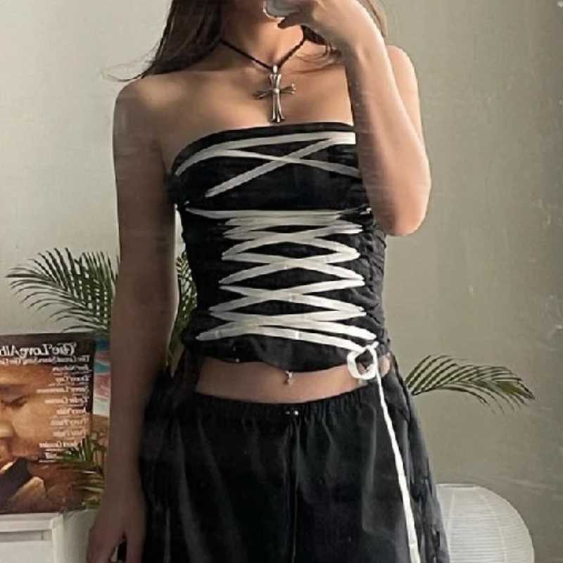 Sexy Cross Bandage Off Shoulder Tank Top Women Strapless Sleeveless Bare Midriff Camisole Female Tube Top Cropped Vest M250513