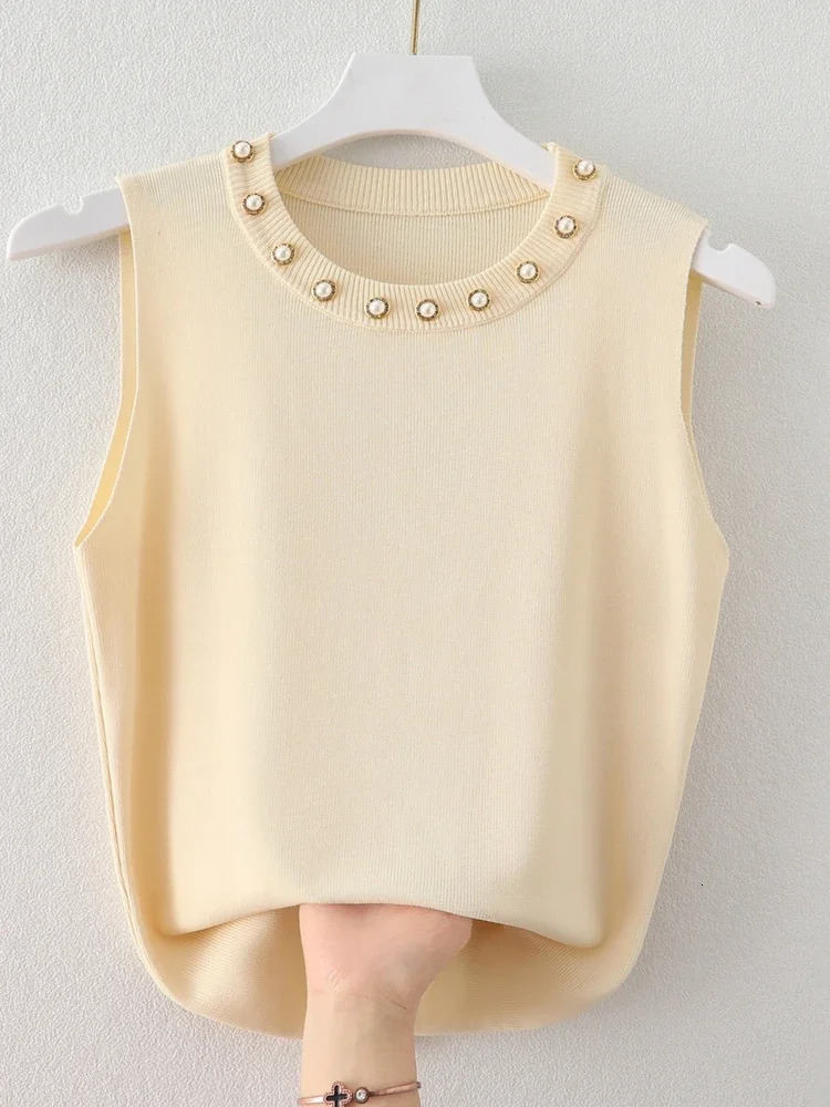 Tank Top with Camisole for Women Round Neck Nail Bead White Stylish Knit Sweater Sleeveless Tshirt Outerwear 250513