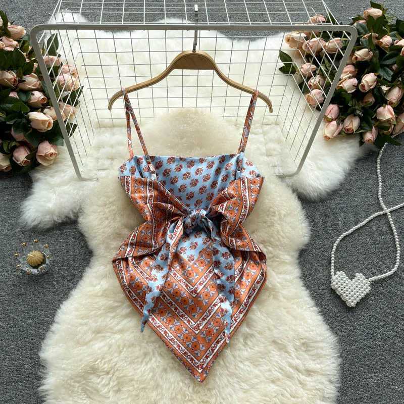 Womens Sexy Backless asymmetrical lace-up Camis Print Tank Top Chic One-piece Corset Bustier Summer Beach vacation Crop Top M250513