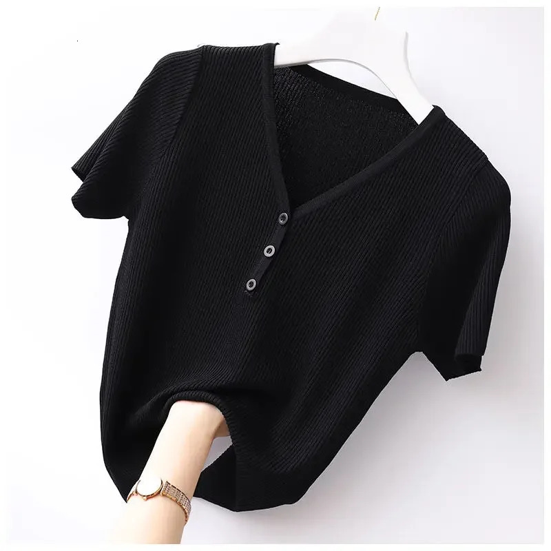 V Neck Long Sleeve Ribbed Knit T Shirt Women Spring Summer Casual Top Streetwear Y2K Basic Tops Tees 250513