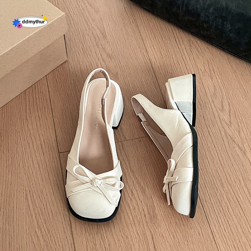 French style women's single bow hollow toe sandals, 2025 spring new style, gentle and sweet, low heel shoes with empty back ddmythur