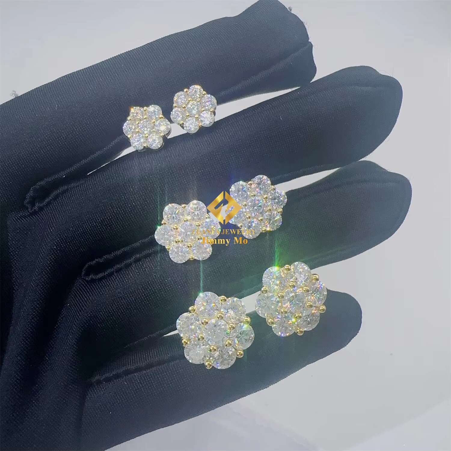 Ready to Ship Stock Drop Shipping Mens Iced Out Hip Hop Sterling Silver 925 Screw Back Moissanite Flower Shape Cluster Earrings