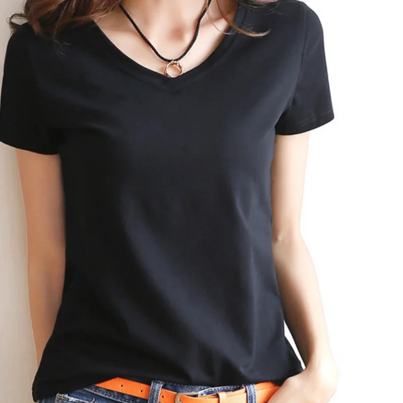 O Neck V Short Sleeve Basic Shirt Blouses Women Spring Summer Bottoming Crop Tops Black Casual Slim TShirt Allmatch 250513