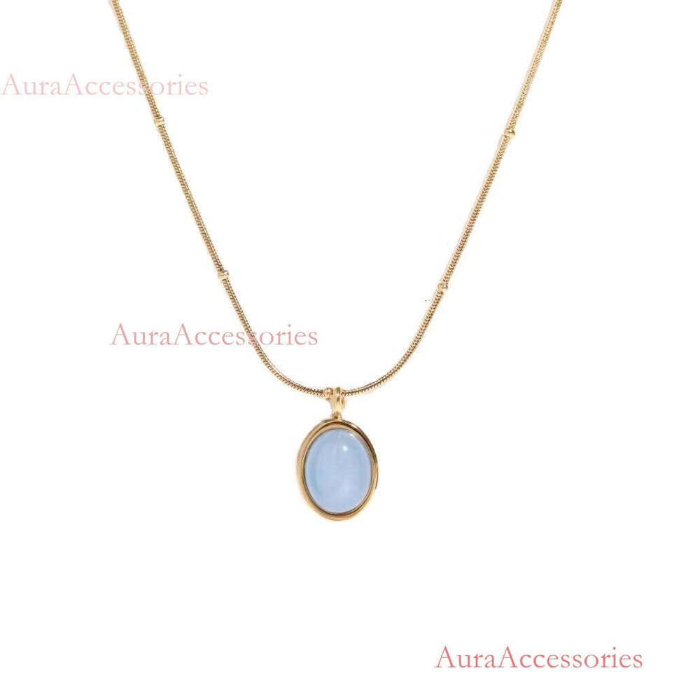 Oval Sky Blue Opal Titanium Steel Necklace Clear Stone Gold Plated Necklaces Women French Vintage Jewelry