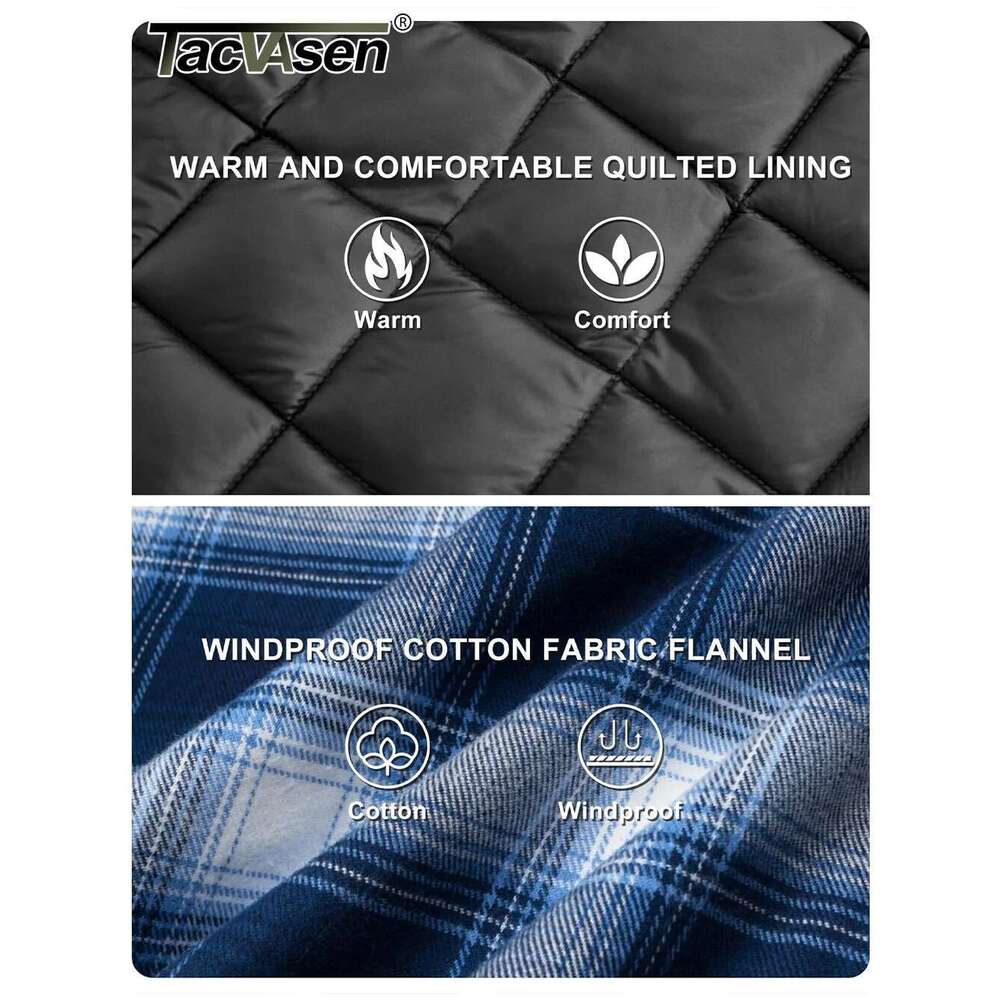 TACVASEN Winter Plaid Cotton Jackets Mens Long Sleeve Quilted Lined Flannel Shirt Jacket Multi-Pockets Outwear Hiking Coats Tops