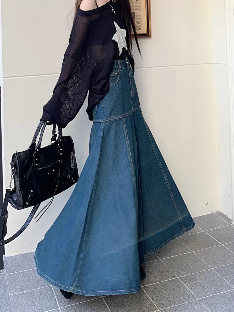 GUUZYUVIZ Long High Waist Versatile Fishtail Denim Skirt Woman 250513