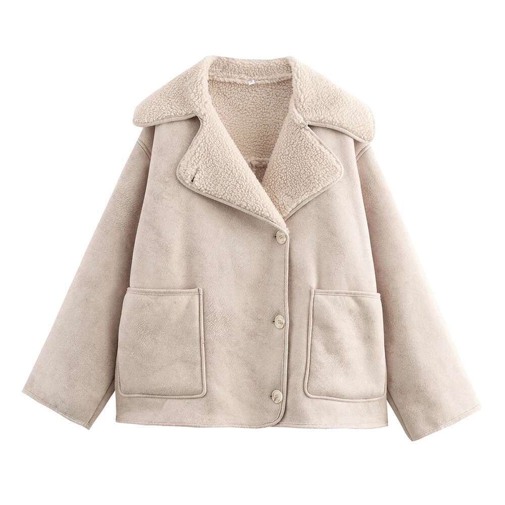 INS Beige Brown Black Classic Three Color Big Turn Down Collar Long Sleeves Women Loose Fleece Lined Jacket Coat ZATT New