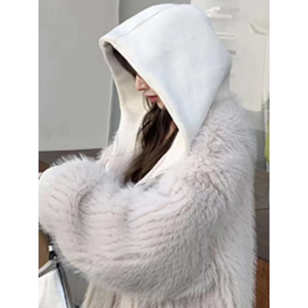 Mauroicardi Spring Winter Hairy Shaggy Soft Thick Warm Faux Fur Coat Women with Hood Fluffy Jacket Fake 2 Piece Clothes