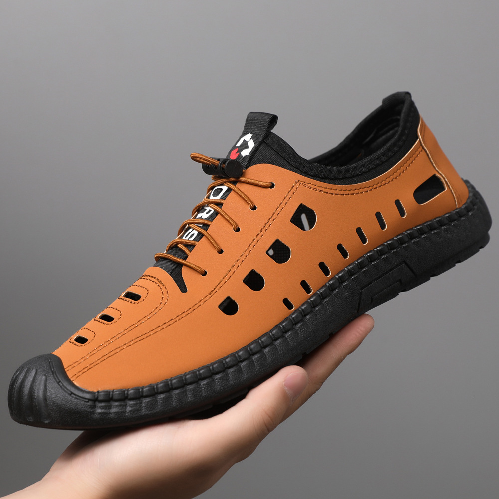 Men S Sandals Perforated Shoes Leather Summer Surface Soft Sole Anti Slip Casual Shoes Outer Wear Breathable Hollow Out Casual Leather Shoes With Toe 