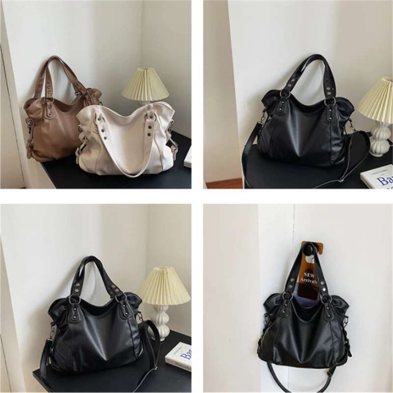 One Shoulder Bag Capacity Black Shoulder Bags For Women Large Shopper Solid Color Soft Leather Crossbody Handbag Lady Travel Tote Bag KQ