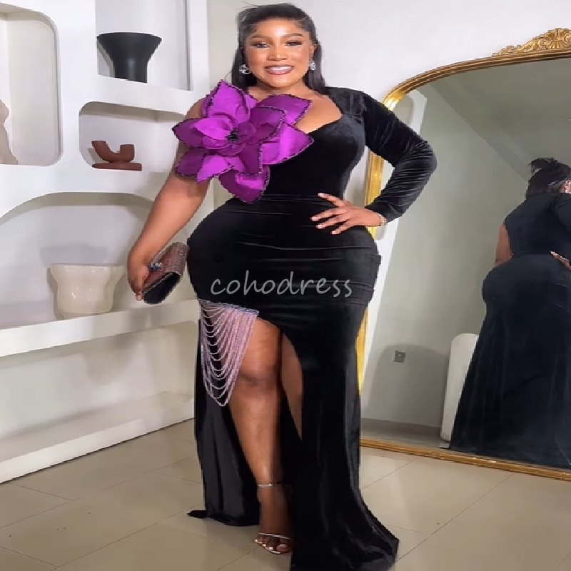 Delicate Aso Ebie Black Prom Dress With Slit Beaded Mermaid Plus Size African Evening Gown With Flower Birthday Party Bespoke Occasion Vestio De Noche