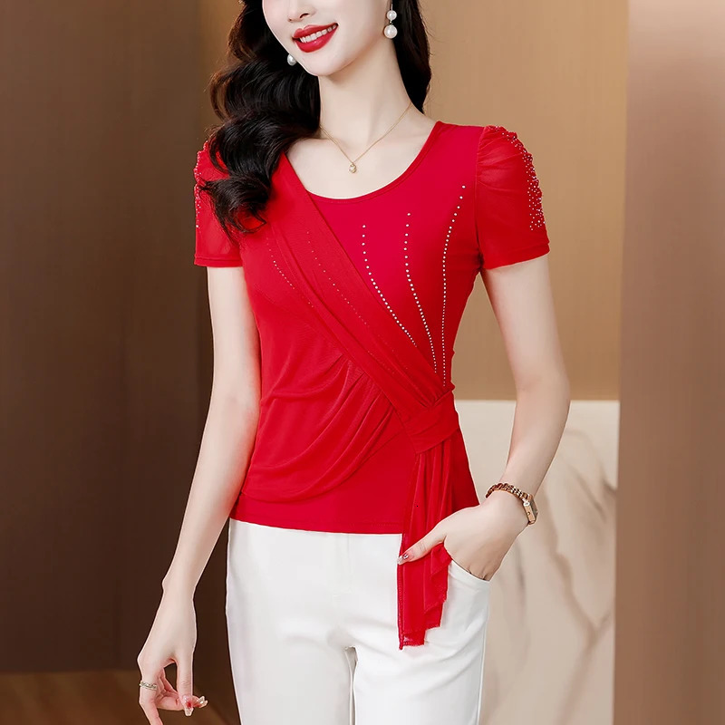 Summer Clothing Round Neck Short Sleeve T Shirt Casual Women Tops Slim Diamond Mesh 250513
