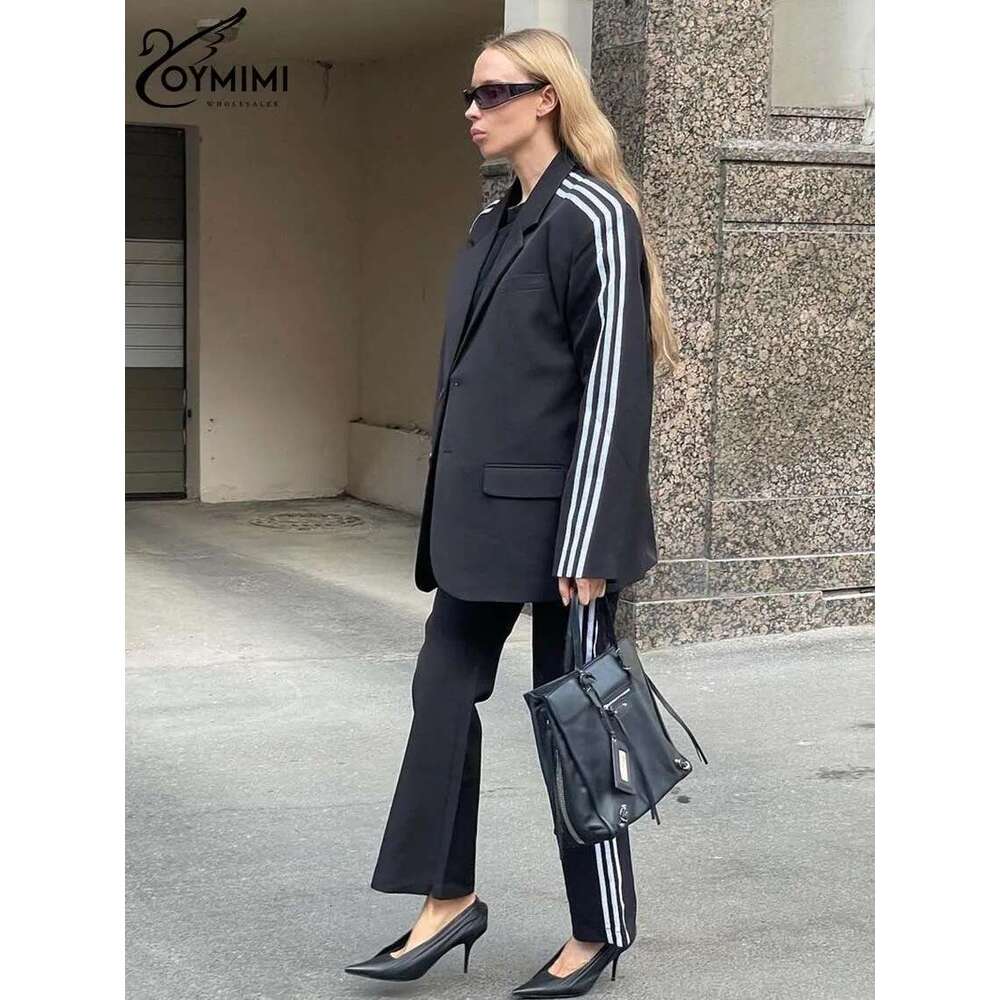 Oymimi Fashion Black Patchwork For Women 2 Pieces Elegant Long Sleeve Pockets Button Shirts And High Waist Trousers Sets