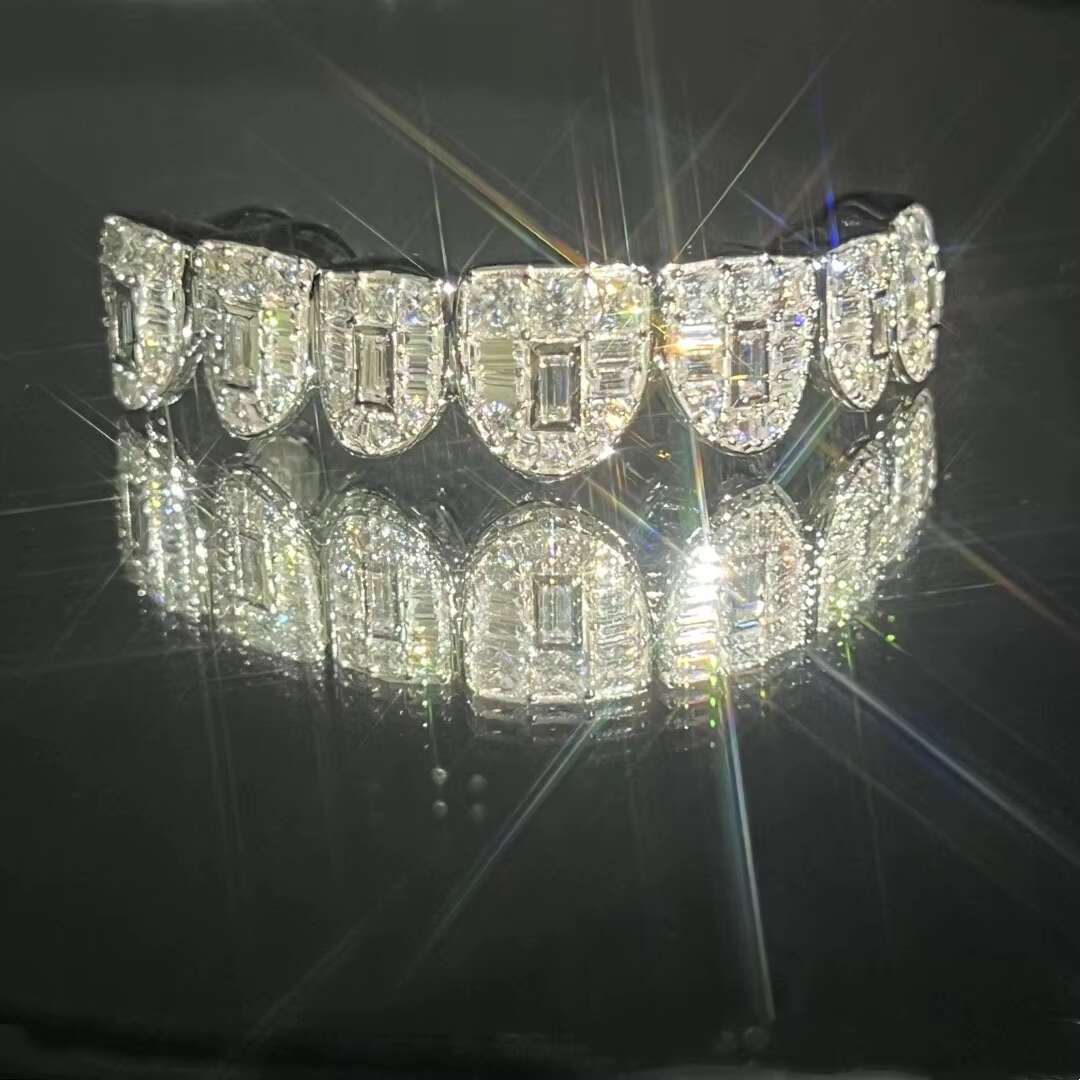 Custom Unique Fine Jewelry Collection White Gold Plated Moissanite Diamond Studded Dental Teeth Grillz