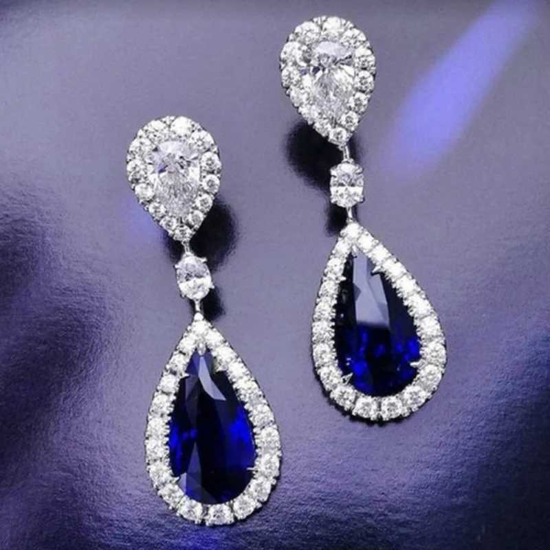 Fashion Jewelry Ladies Blue White Water Drop Shaped Crystal Rhinestone Zircon Metal Dangle Earring for Women Party Jewelry Y250510