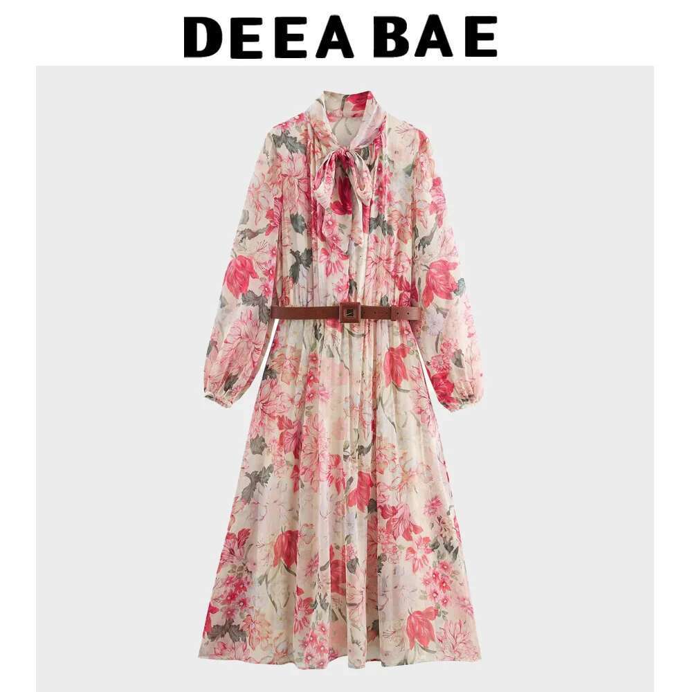DEEABAE New French Platycodon Tea Break Floral Bow Tie To Reduce Age And Sweeess With Belt Flower Print Midi Dress