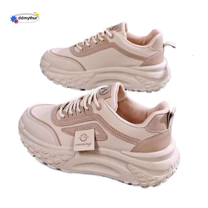 Show off little dad 2024 new spring leather waterproof casual sports thick soled mesh shoes for women ddmythur