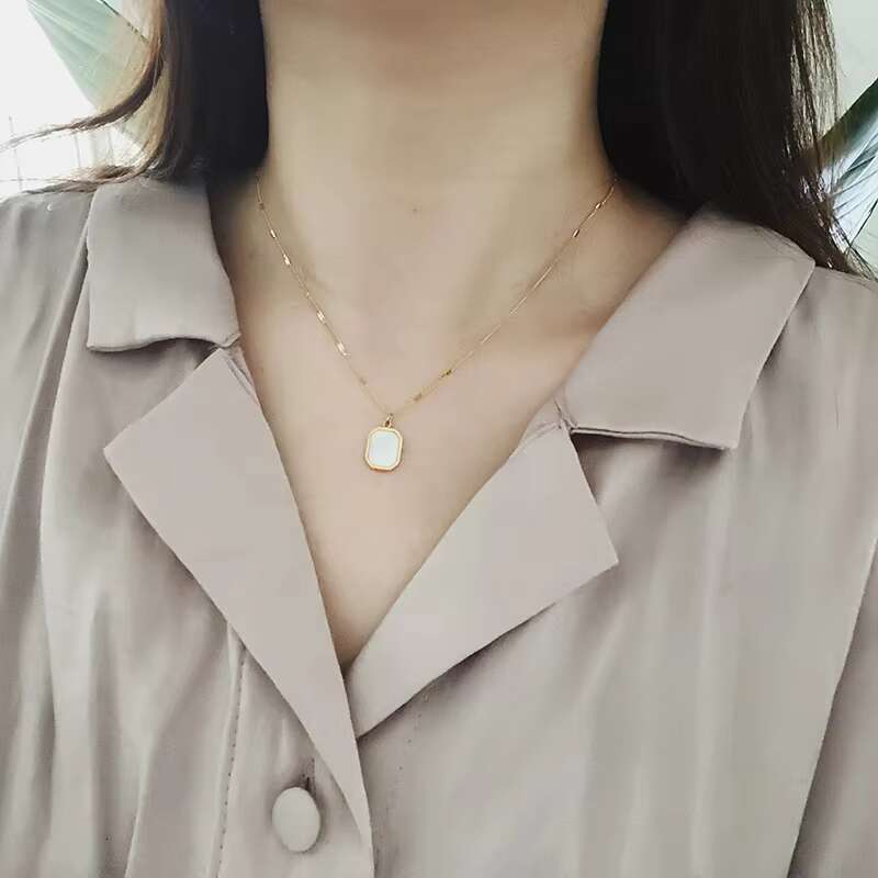 Fashion Art Style Stainless Steel Square Pendant White Shell Necklace