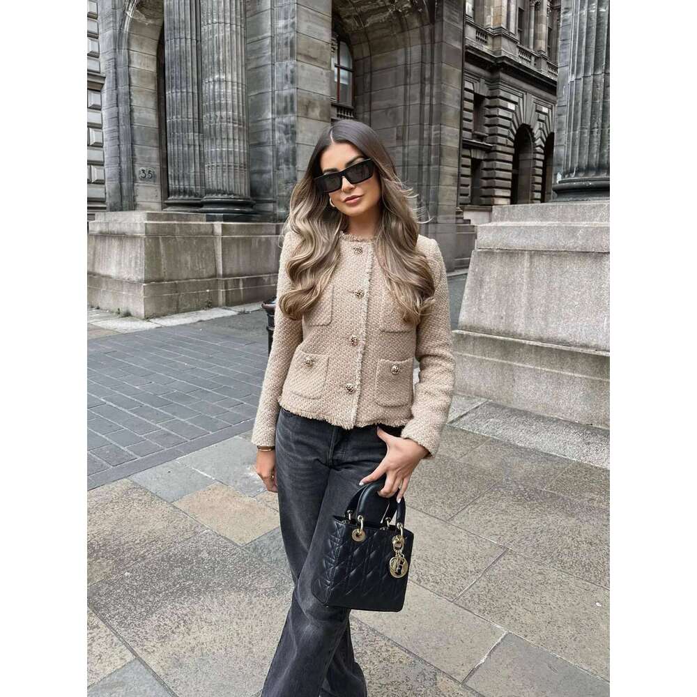 TRAF Women's Coat Tweed Cropped Jacket New In Outerwears Autumn Winter Crop Jacket Woman Long Sleeve Elegant Short Coats
