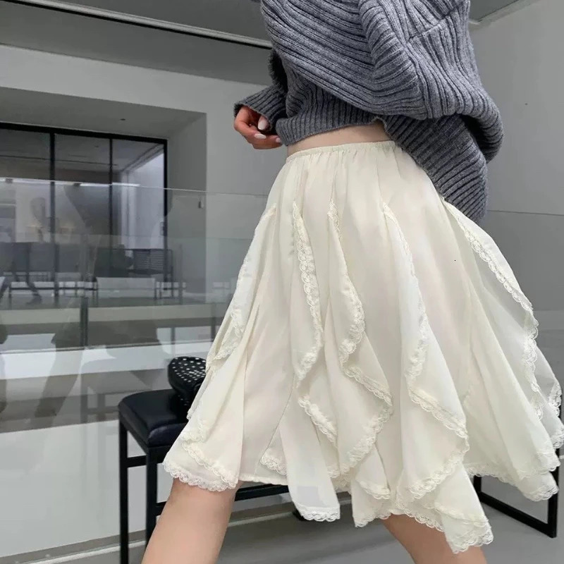 Deeptown Korean Style Lace Tulle Skirt Women Fairycore Sweet Elegant Ruffle Skirts Vintage Streetwear Irregular Layered 250513