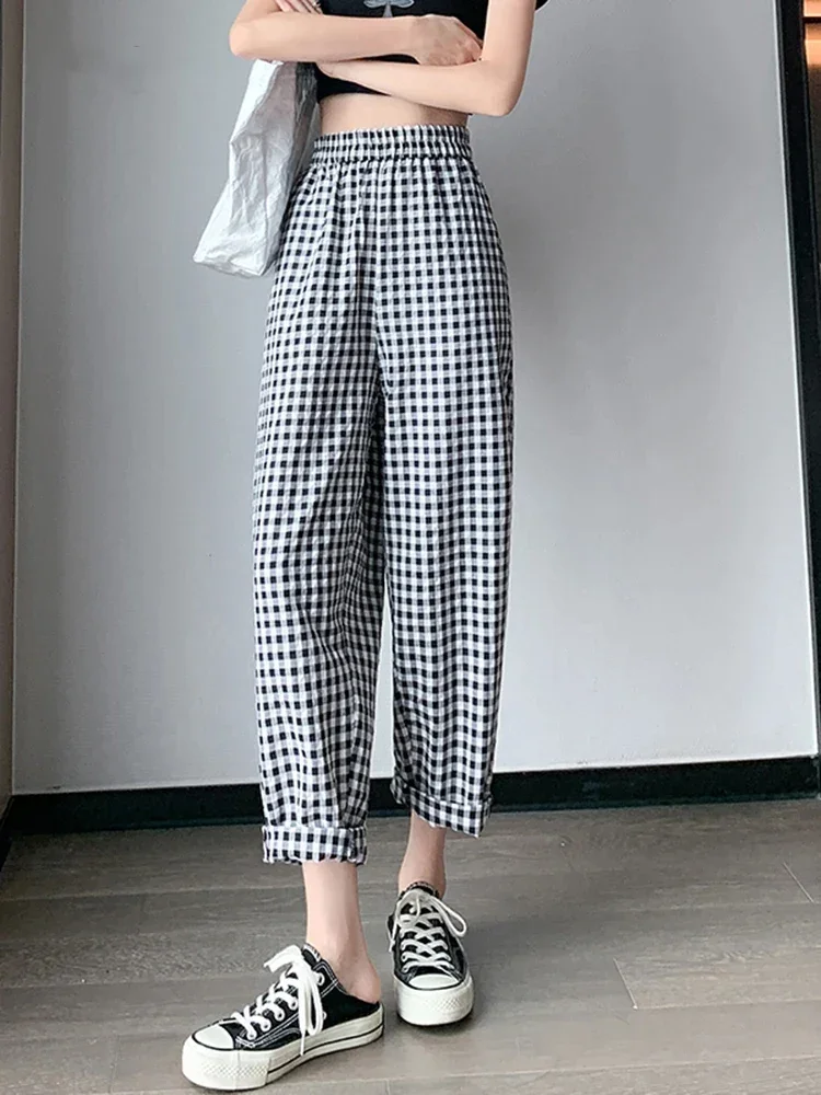 Casual Hip-hop Street Harlan Pants Summer Cotton Linen Loose Cropped Pants Women Wide Leg Red Black White Checkered Long Pants