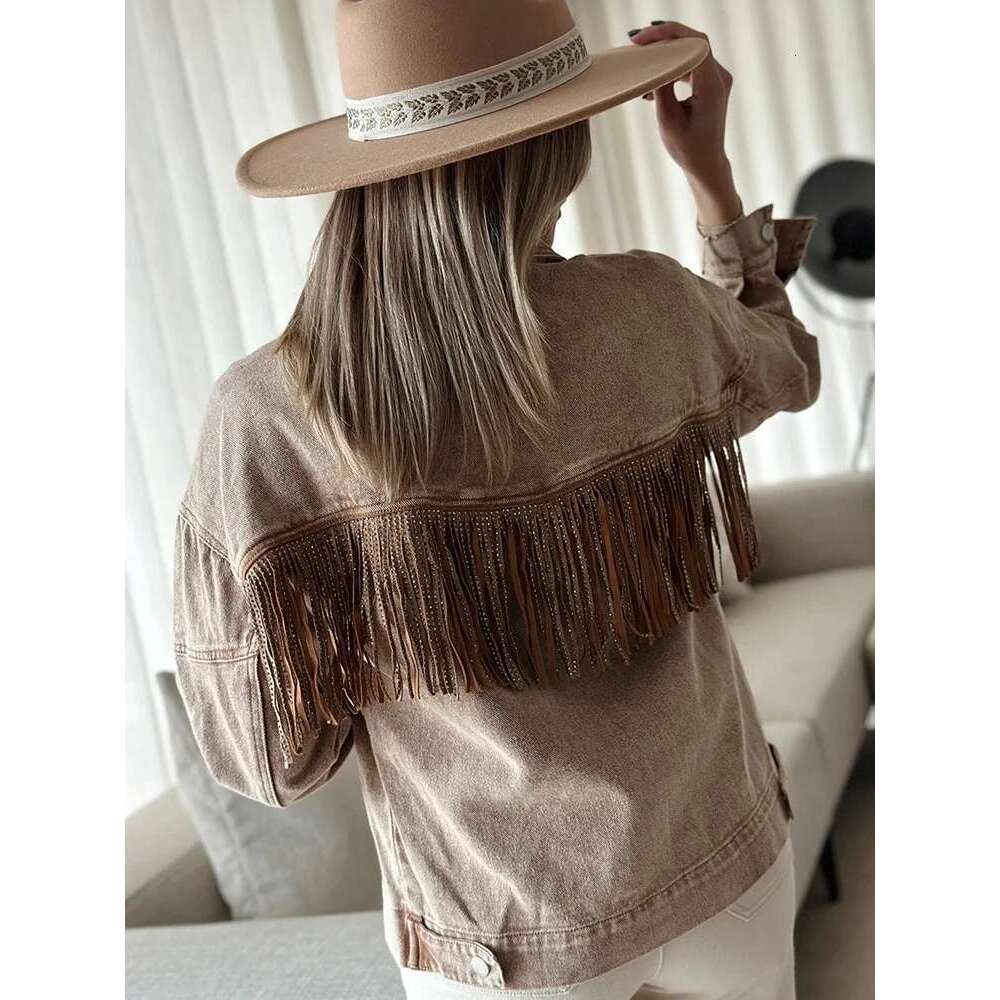 Gypsylady Stylish Retro Denim Women Jacket Autumn Winter Tassels Long Sleeve Cotton Khaki Brown Ladies Biker Jackets Chaquetas