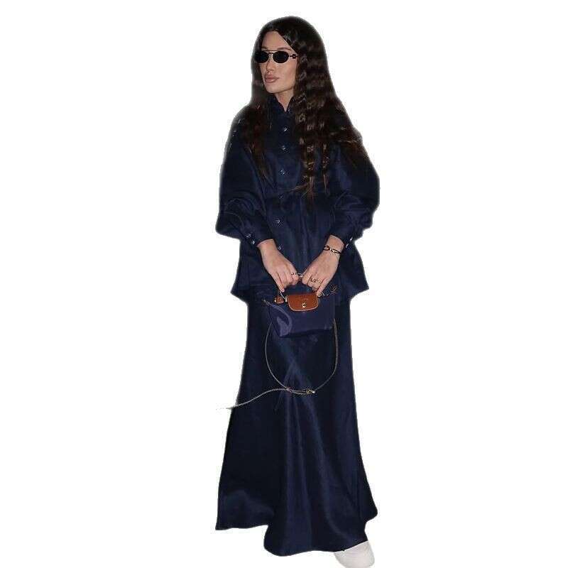 Women's Summer New Style Lapel Tie Loose Sleeved Shirt High Waisted Long Skirt Casual Set B5