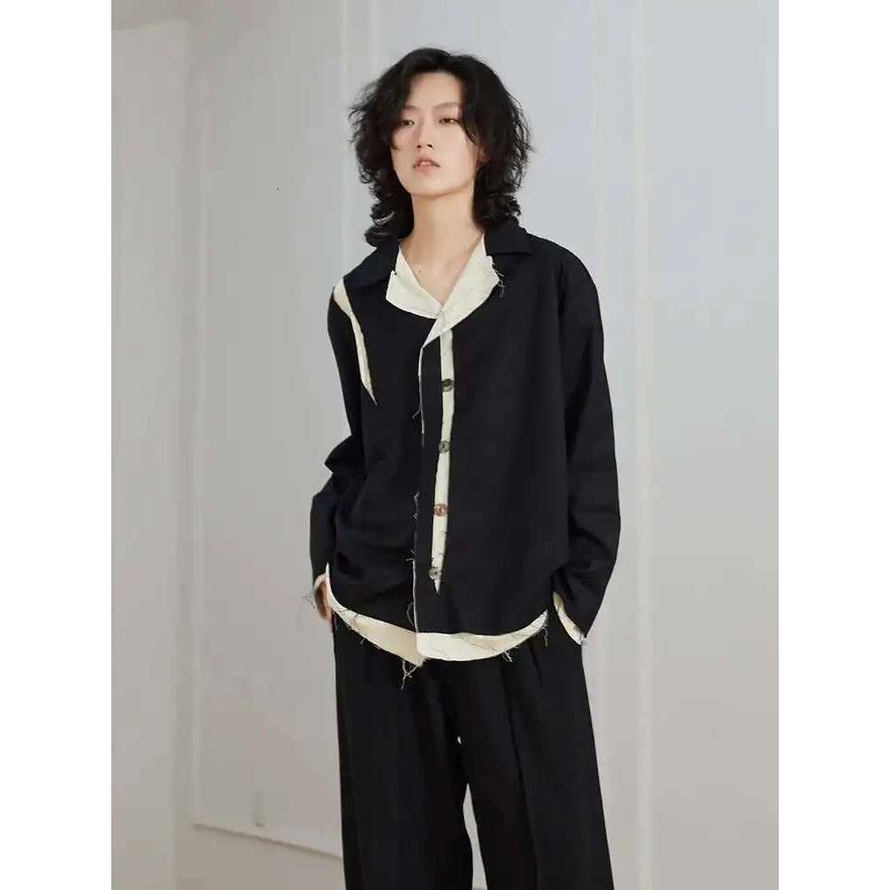EAM Women Color-block Burr Big Size Black Blouse New Lapel Long Sleeve Loose Fit Shirt Fashion Tide Spring Autumn 2025 1DF3955