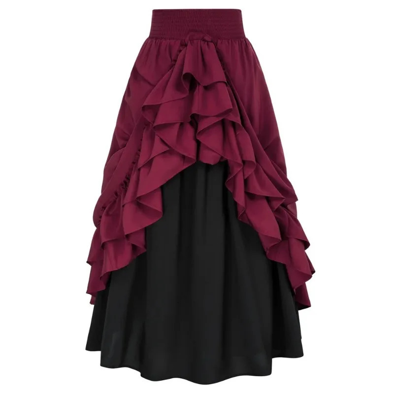 Casual Dual Layer Skirt Button Renaissance Costume Women Back Double Ruffle Long Shirring Waist Elastic Band Maxi Length 250513