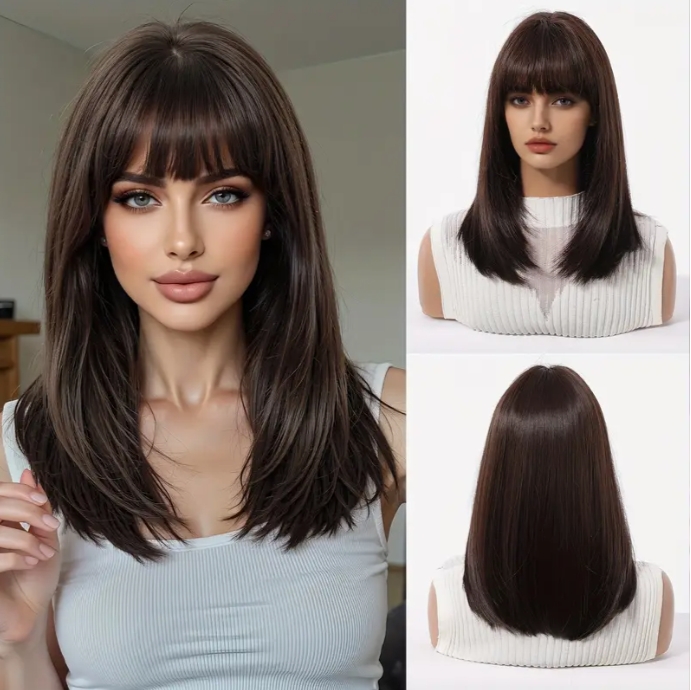 Professional Womens Dark Brown Long Straight Human Hair Wigs With Layers