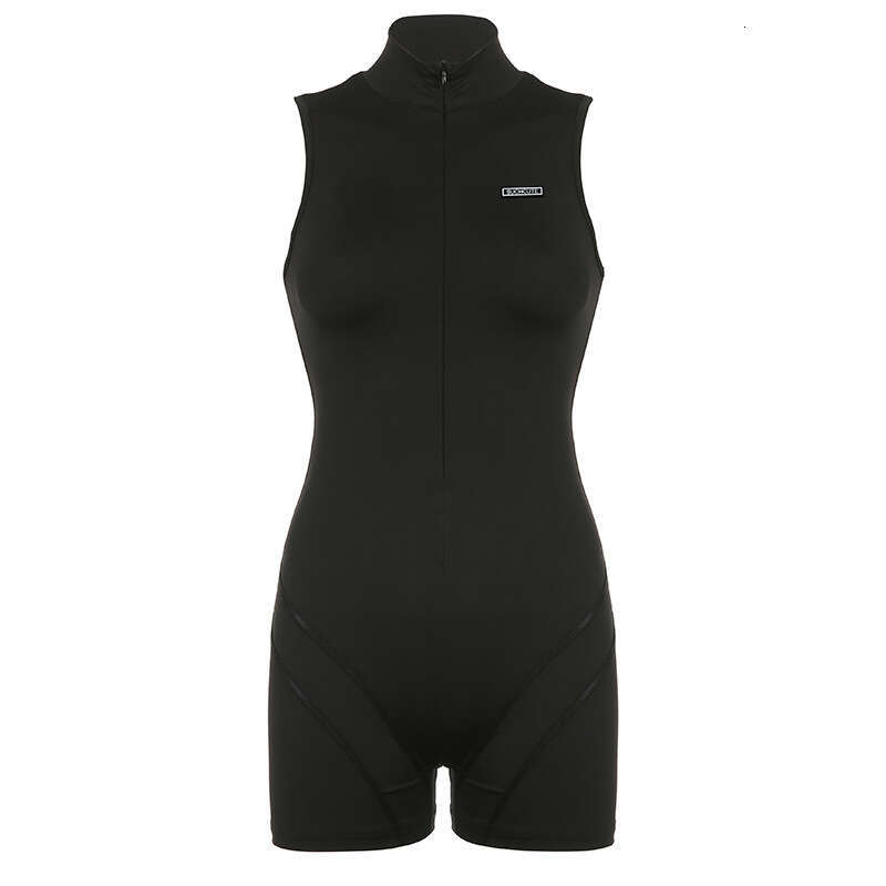 Trendy Women's Summer Sleeveless Half High Neck Invisible Zipper Fashionable Sports Jumpsuit Shorts B5