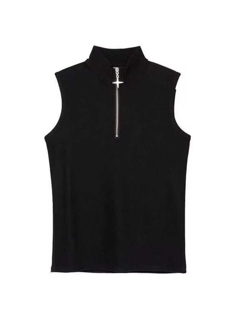 Gothic Tank Top Men and Women Harajuku Punk Vintage Stand Neck Zipper Streetwear Sleeveless Tanks Y2k Aesthetic Solid Camisoles M250513