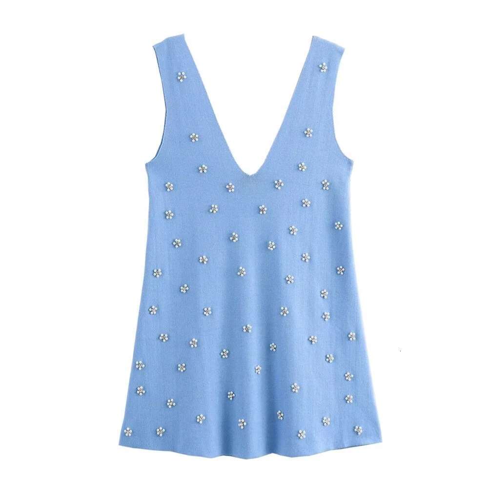 Taop&Za Autumn New Women's Fashion Casual V-neck Sleeveless backless Jewelry Beaded Knitted Mini Dress