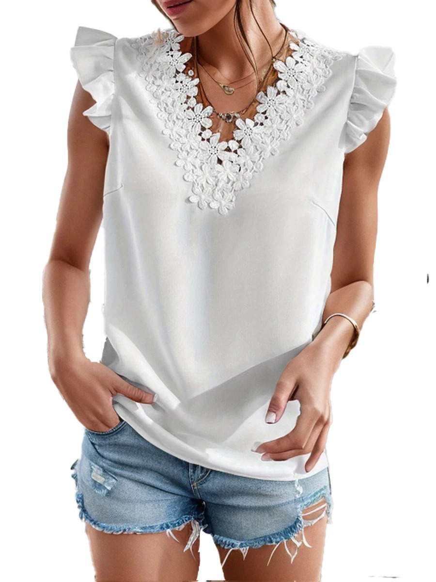 Lace Tank Top for Women Fuzzy Button up Ladies Fashion Shirt Tops Short Sleeve Shirts Blouse Tunic 250513