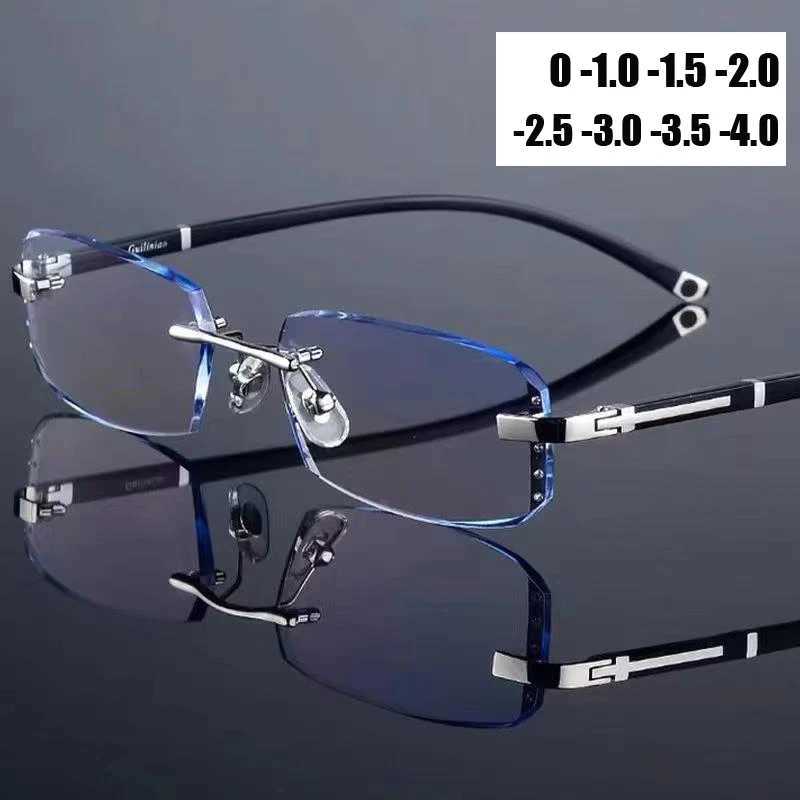 Diamond Cutting Myopia Glasses Anti Blue Light Rimless Computer Near Sight Eyeglasses Mens Finished Prescription Minus Eyewear W250513