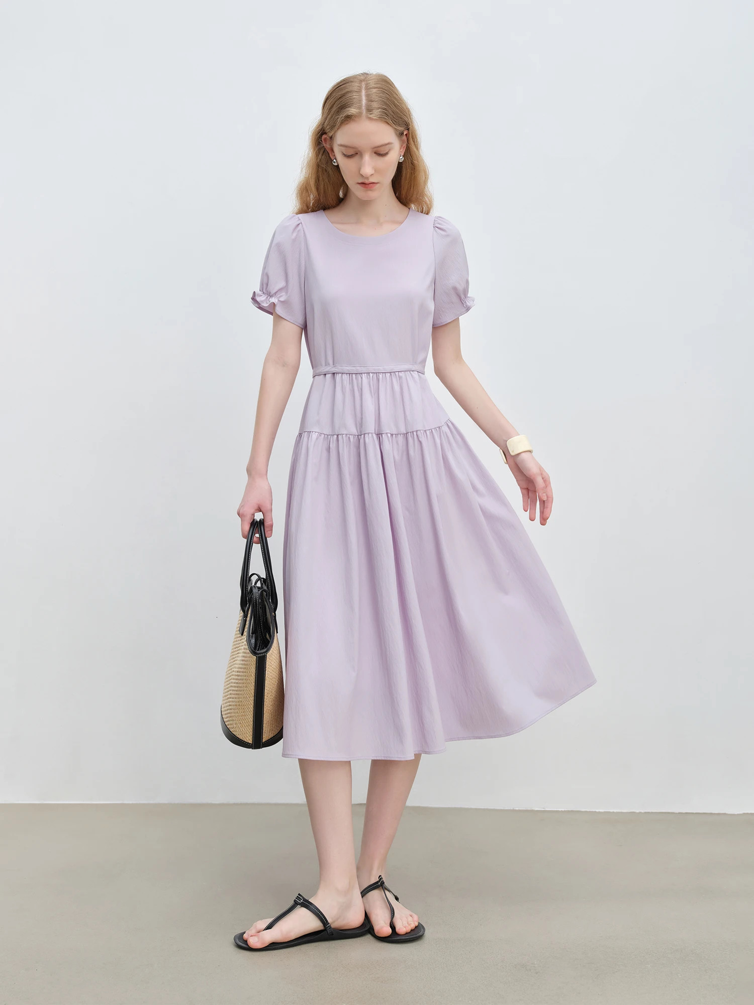 ZIQIAO Summer Arrival Petite Purple Shortsleeve Simple Adjustable Waist Dress for WomenGentle 25ZQ92286 250513
